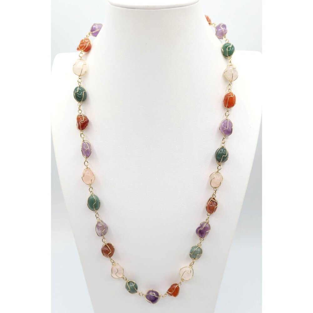 Multicolor Caged Polished Natural Stone Long Slip On Gold Tone Necklace Boho